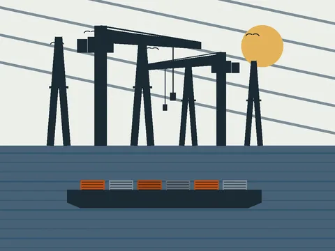 Flat illustration of two cargo cranes in silhouette at the Port of Philadelphia at dawn, with a container barge on the Delaware River